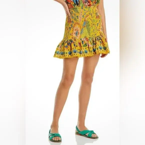 FARM RIO Summer Garden Dream Yellow Multi Floral Ruffled Mini Skirt XL, NWT - Picture 2 of 11